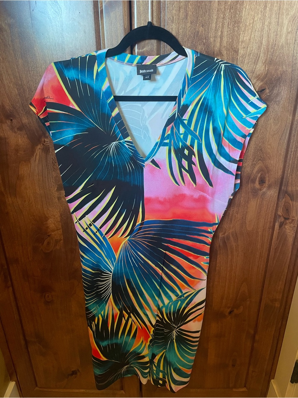 Just Cavalli Tropical V-Neck Swim Coverup in Blue, Pink, Black